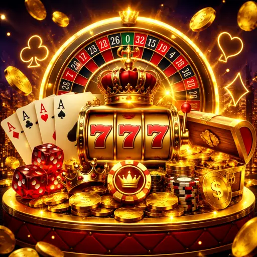 Ambiente de cassino online em tons dourados com cartas e fichas sobre fundo escuro